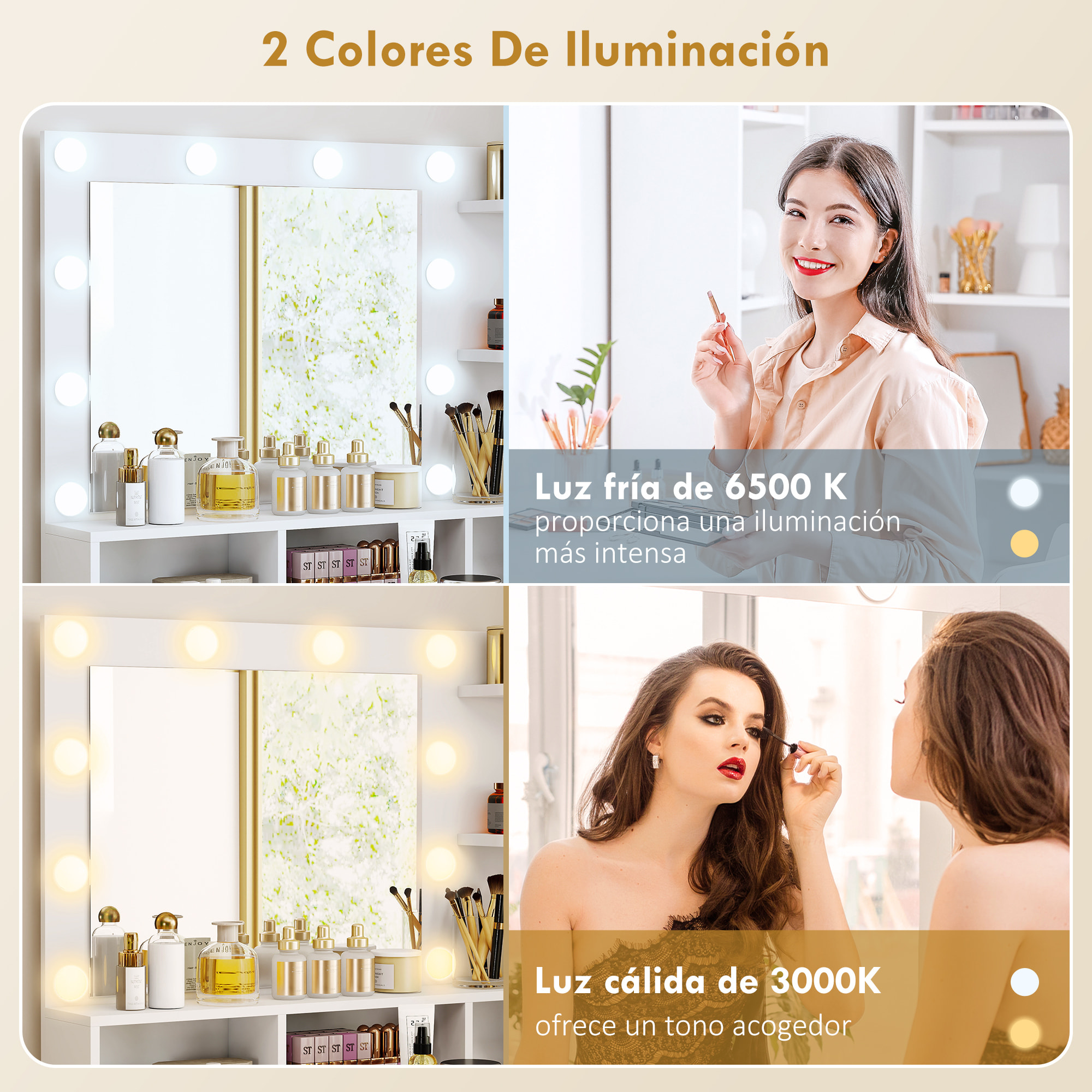 Tocador de Maquillaje con Luces LED y Taburete Tocador con Espejo 2 Colores 10 Bombillas Cajón Estantes Compartimentos Abiertos para Dormitorio Vestidor Blanco