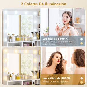 Tocador de Maquillaje con Luces LED y Taburete Tocador con Espejo 2 Colores 10 Bombillas Cajón Estantes Compartimentos Abiertos para Dormitorio Vestidor Blanco