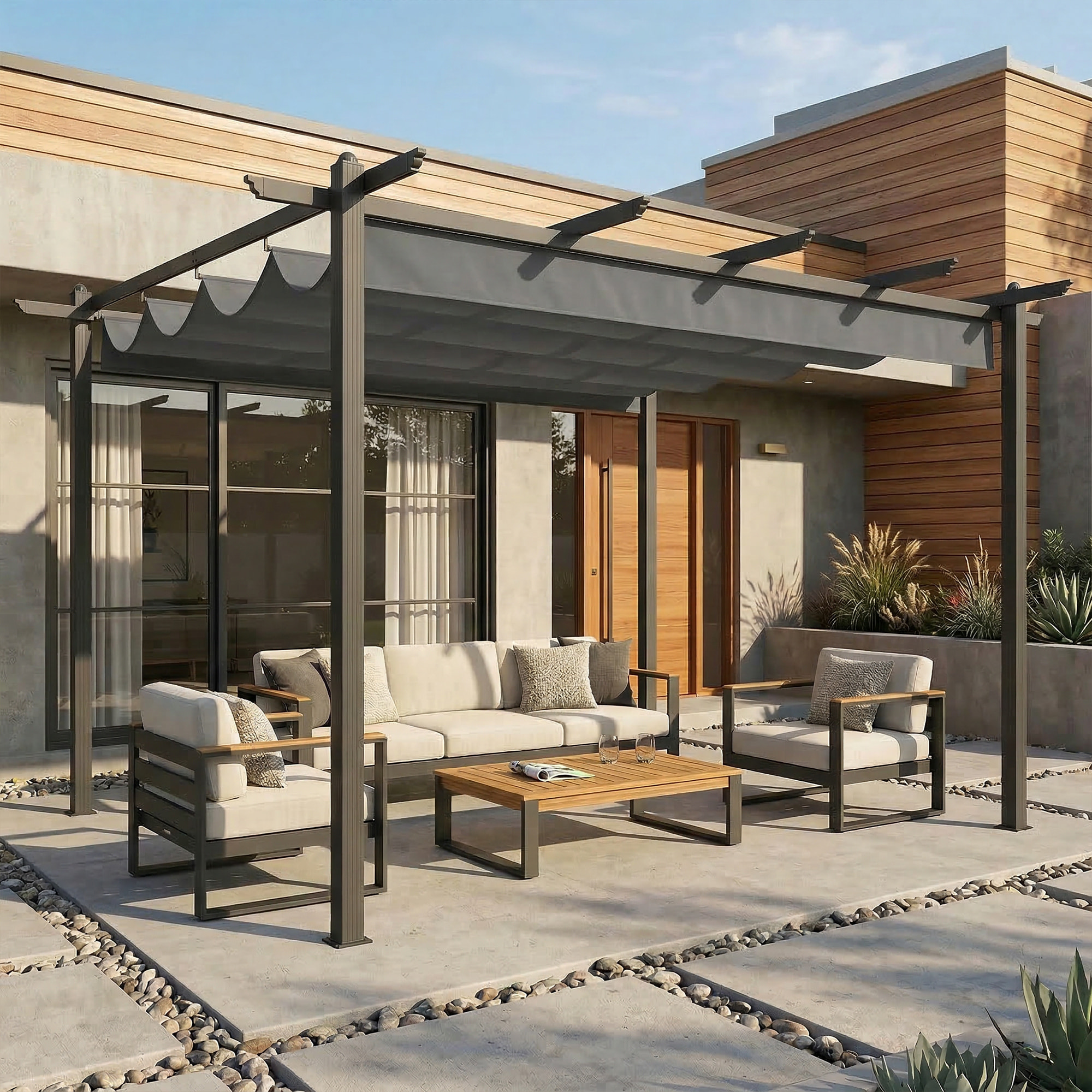 Pérgola de Jardín 4x3 m con Techo Retráctil, Cenador de Jardín con Estructura de Aluminio, UPF30+, Orificios de Drenaje, Pabellón para Exterior, Patio, Terraza, Gris