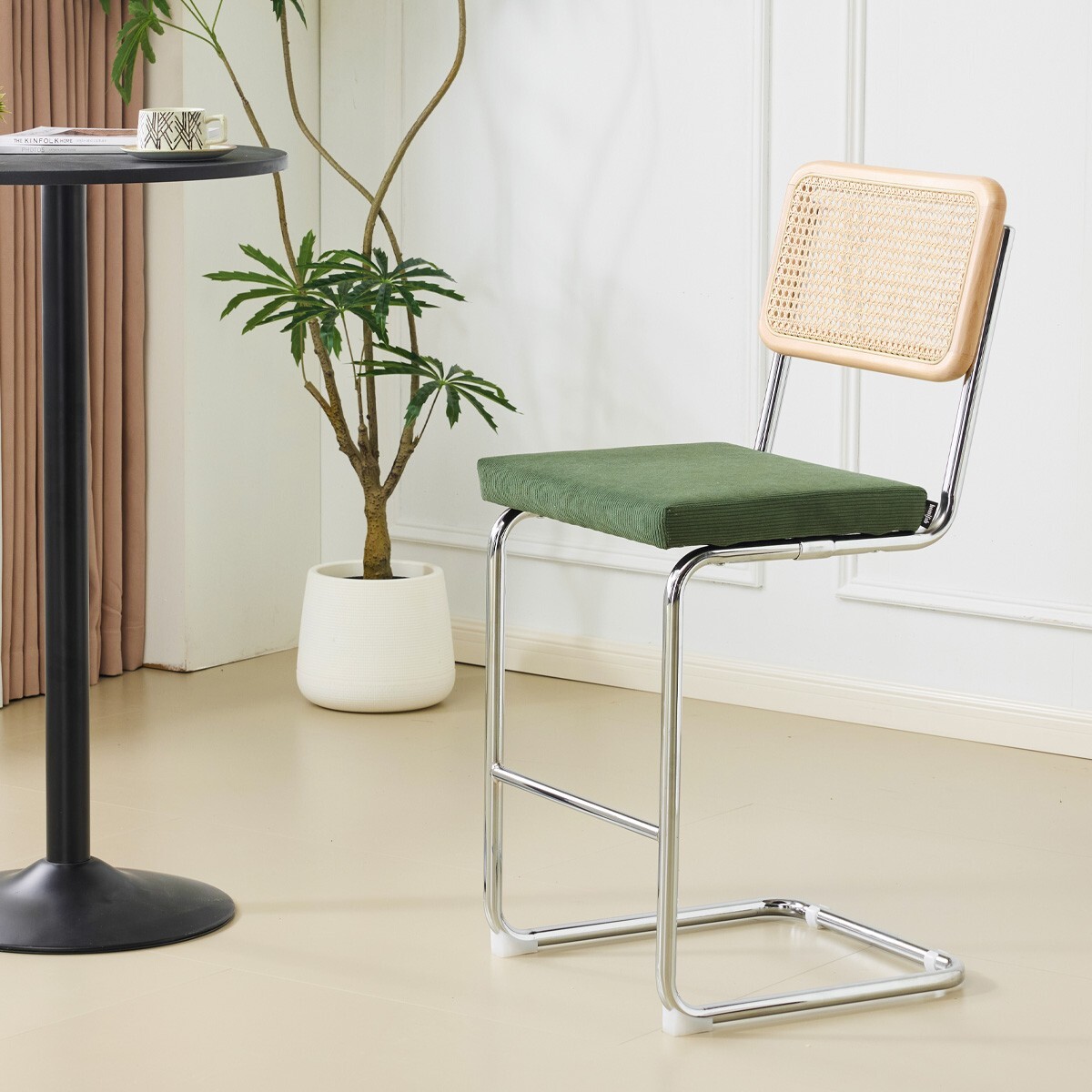 Lot de 2 tabourets de bar en cannage et velours côtelé - MUSE