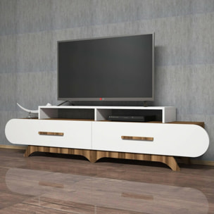 Mobile porta TV Dpereyr, Credenza da soggiorno, Armadio basso per TV, Base parete attrezzata, 205x37h50 cm, Noce e Bianco