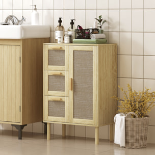 Meuble bas salle de bain style bohème - porte, étagère, 3 tiroirs - effet rotin bois clair