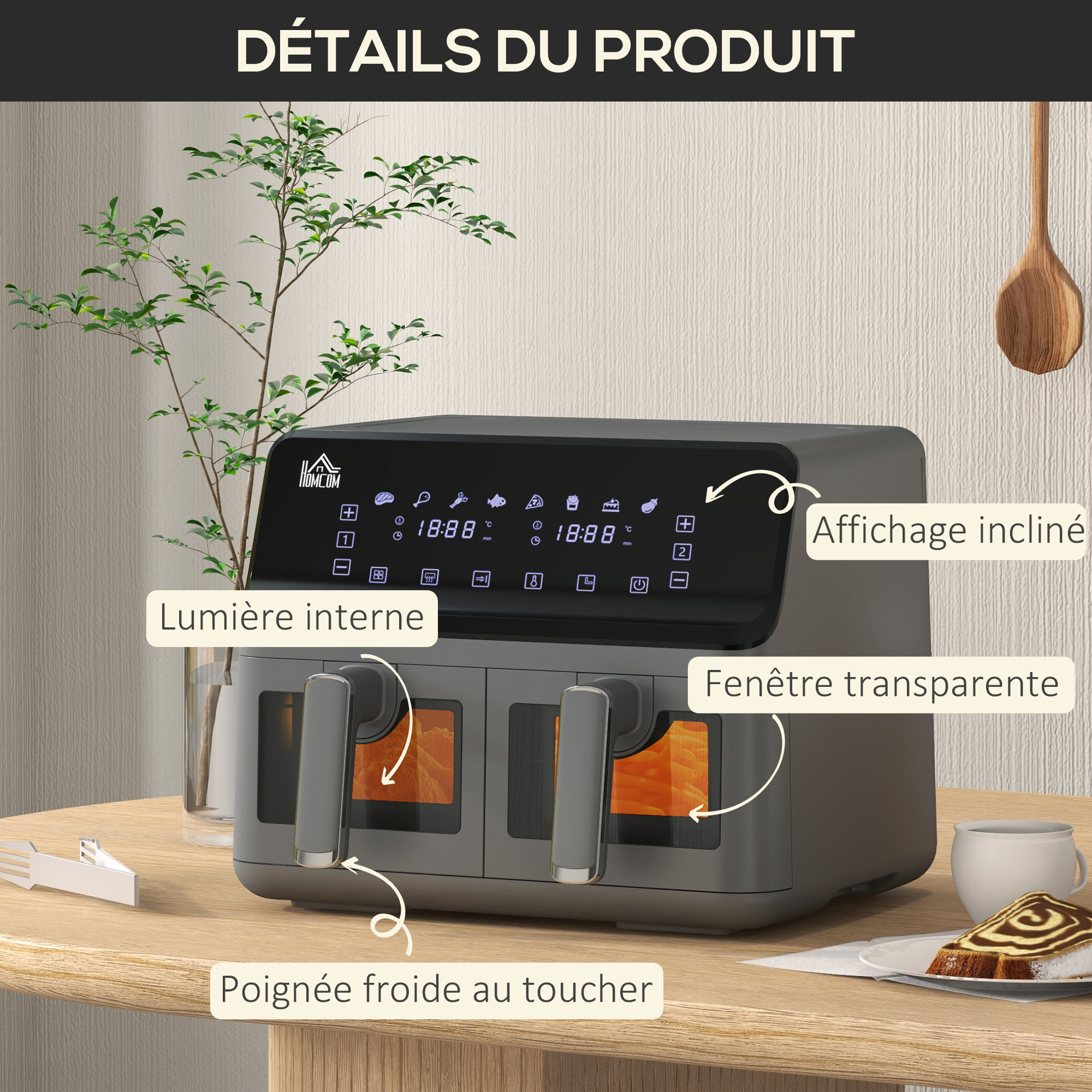 Friteuse à air 2 paniers 2500W 8L - air fryer multifonction 8 programmes - température réglable - timer 60 min. - noir