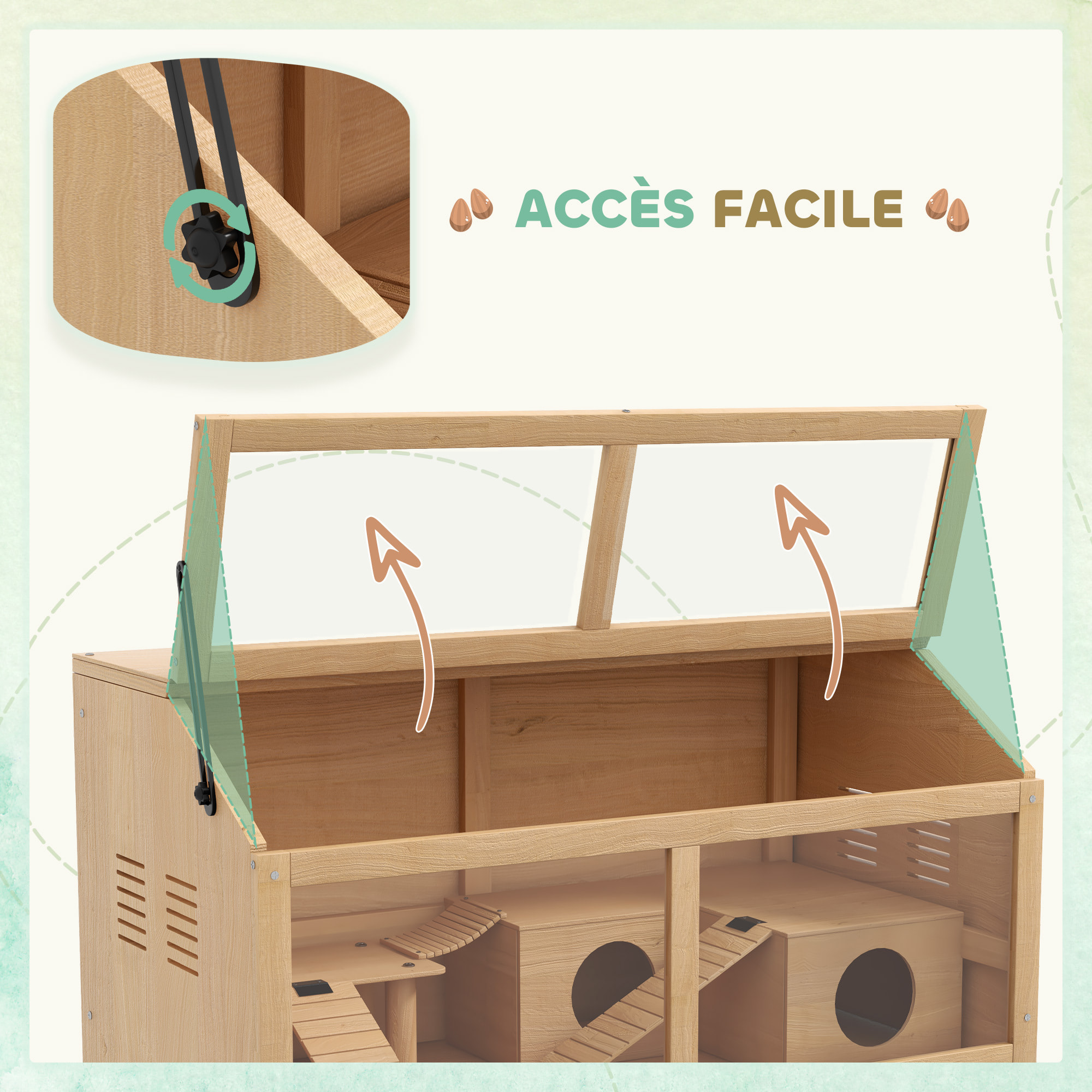 Cage hamster avec ventilation couvercle ouvrant et accessoires bois