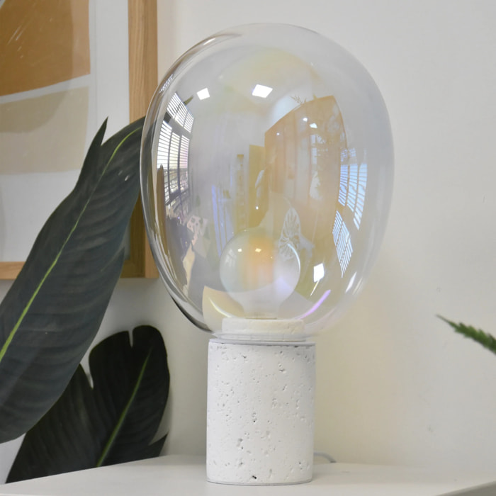 Lampe à poser en verre irisé et béton blanc H43 cm - Bulle