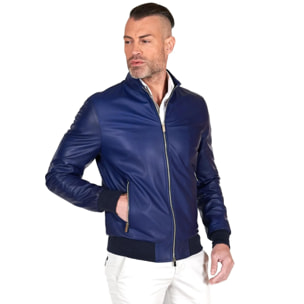 Giubbotto bomber in pelle naturale blu elettrico colletto coreana