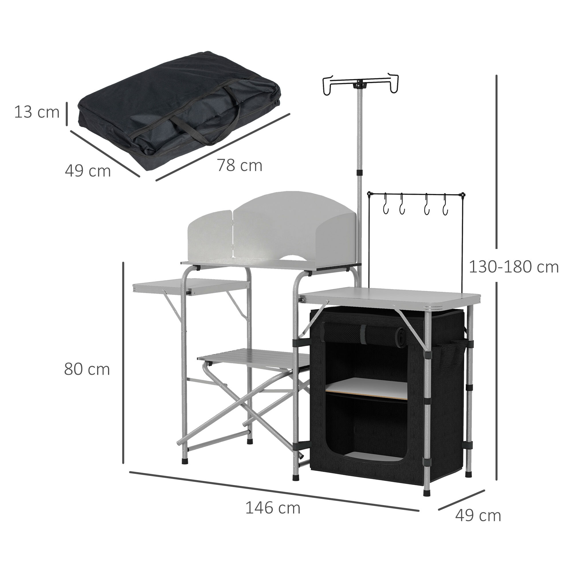 Rangement cuisine de camping pliable étagères tablette station de cuisson alu tissu noir