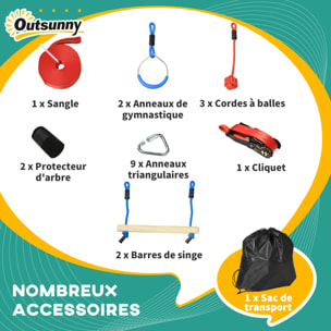 Parcours d'obstacles ninja enfant - 30 accessoires, 10 m de slackline - sac de transport - bleu rouge