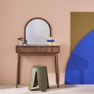 Coiffeuse décor bois LINEAR miroir arrondi 2 tiroirs 90 cm. façade striée. Noyer