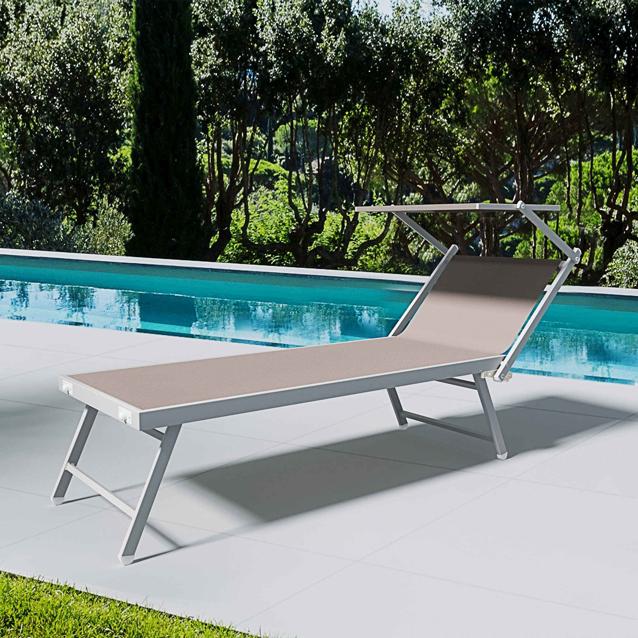 Lettino Prendisole Pieghevole Professionale in Alluminio e Tessuto Textilene Tettuccio Orientabile Parasole Sdraio Mare Spiaggia 182x60x38 cm Tortora