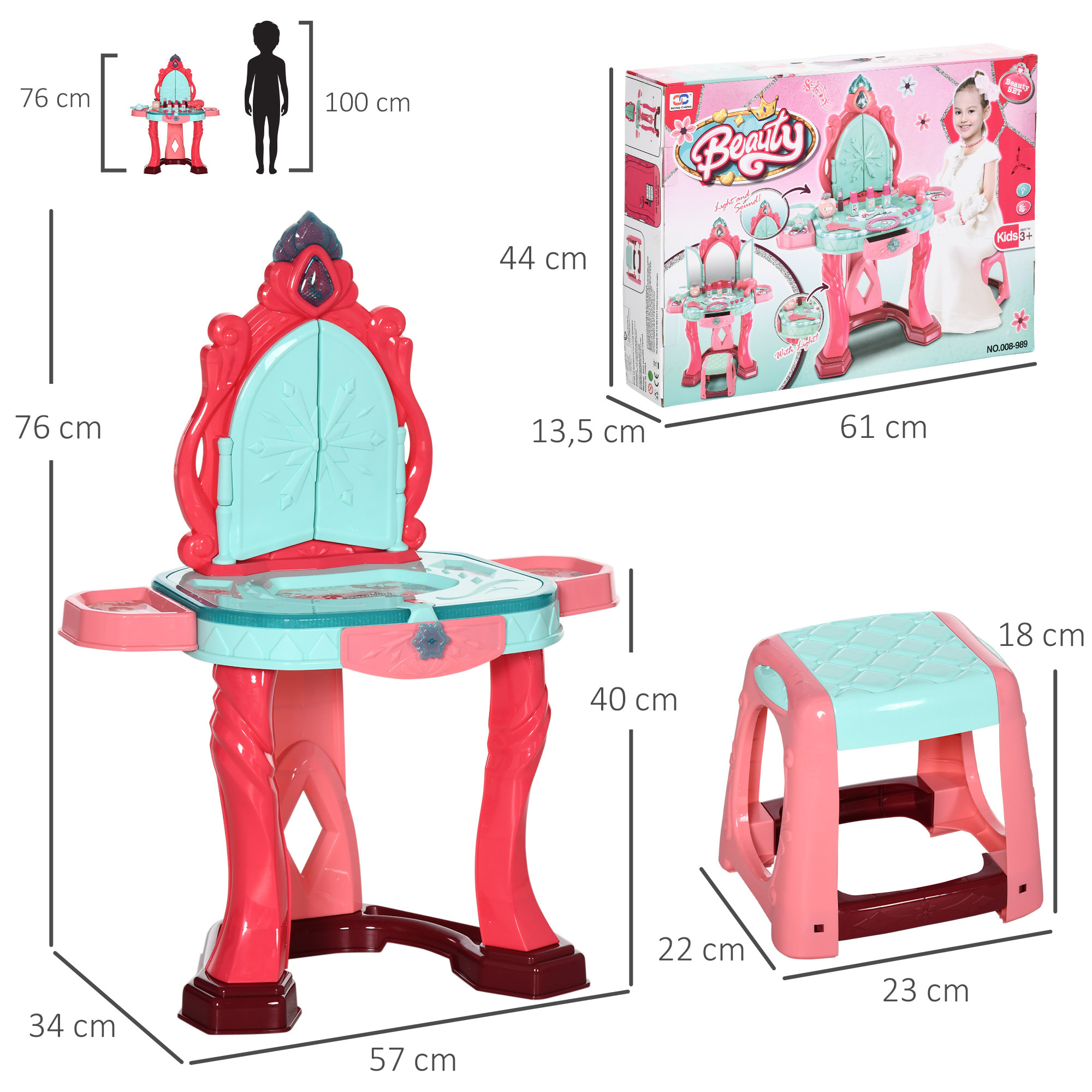 Coiffeuse enfant miroir triptyque avec tabouret effets sons lumières