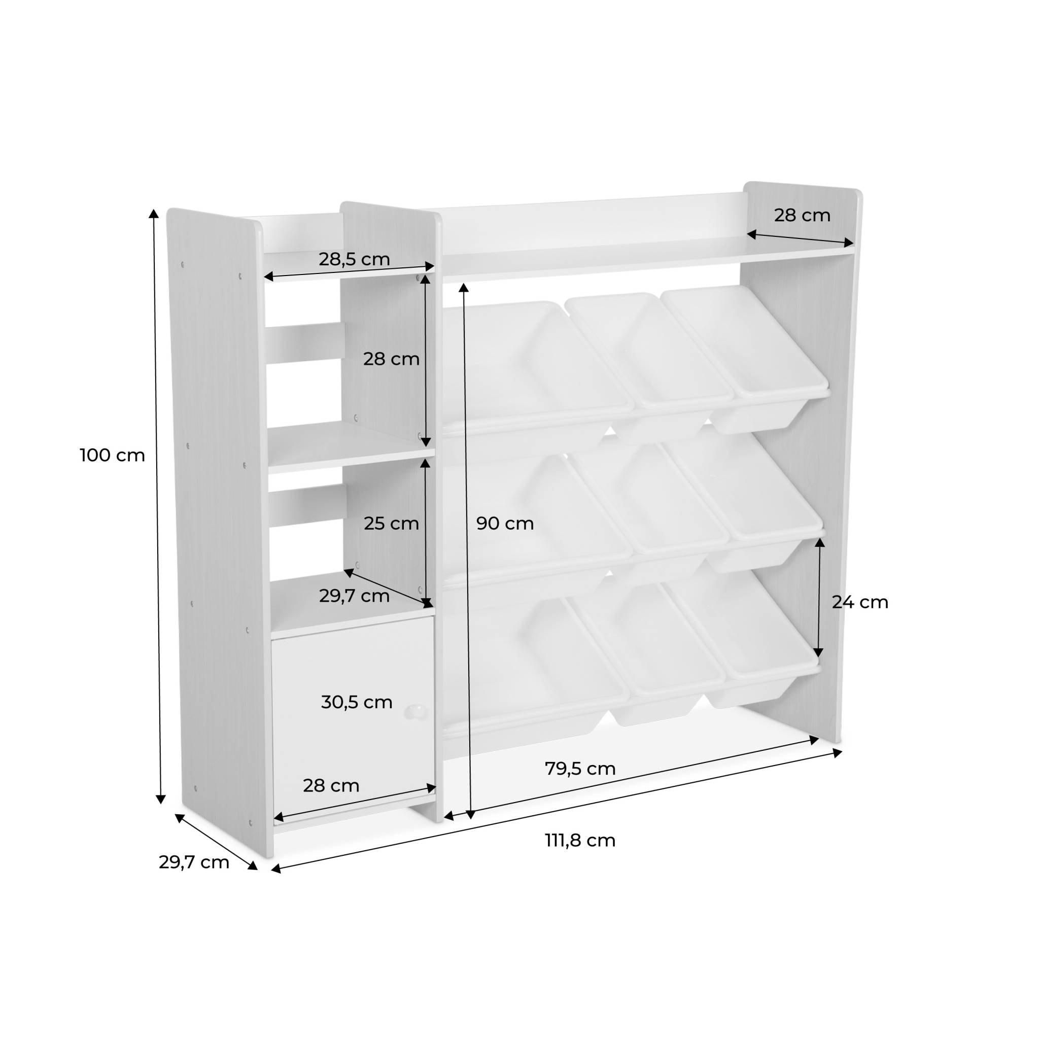 Meuble de rangement enfant. blanc. 9 bacs de rangement. 4 étagères. 1 porte