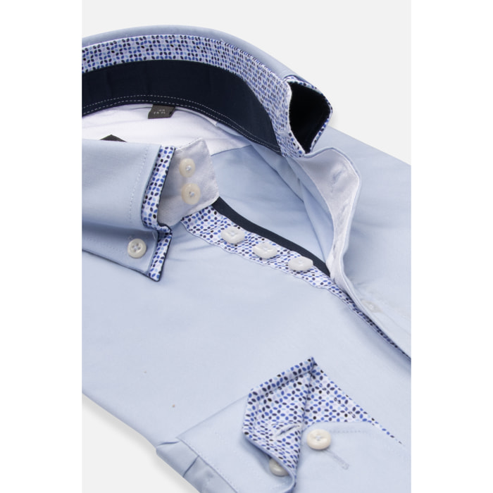 Camicia Uomo 2 Bottoni Button Down 7bottoni Doppio Coll Satin Unito Celeste