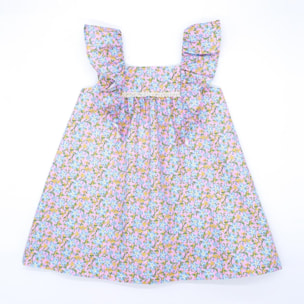 Vestido corto estampado de flores azules, volantes en las sisas,falda fruncida.