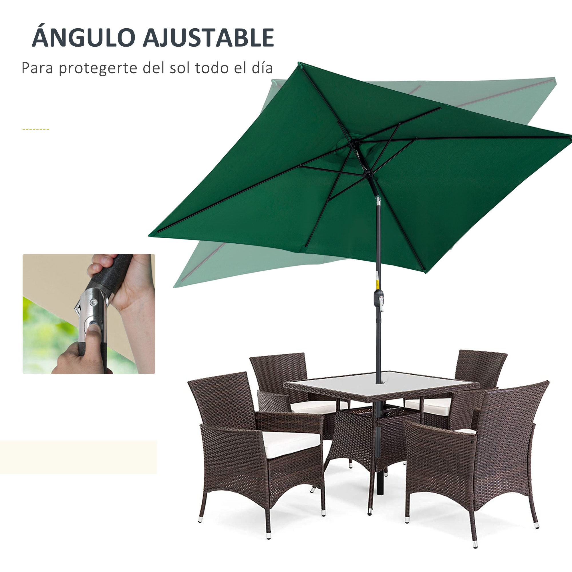 Outsunny Sombrilla de Aluminio 200x300x240 cm Parasol Rectangular de Jardín Inclinable con Manivela y Poste Desmontable para Terraza Piscina Patio Exterior Verde