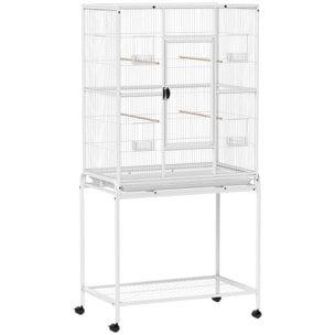 Cage à oiseaux portable avec 4 mangeoires et 4 perchoirs pratique 81 x 48 x 162 cm blanc