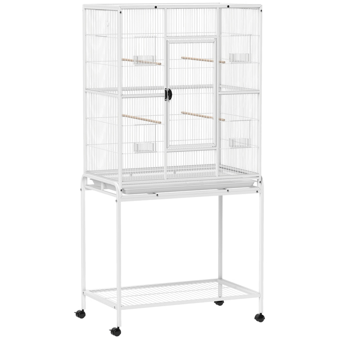 Cage à oiseaux portable avec 4 mangeoires et 4 perchoirs pratique 81 x 48 x 162 cm blanc