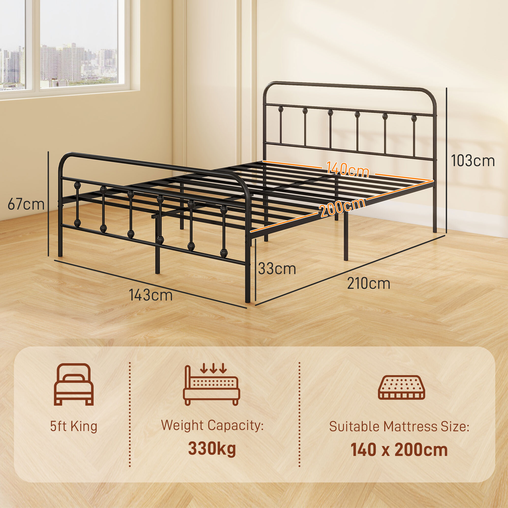 Lit double acier noir - tête de lit, pied de lit et sommier inclus - compatible matelas 140x200 cm