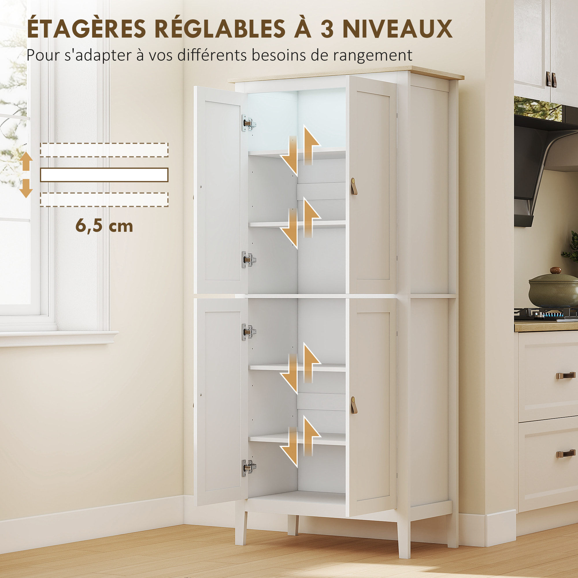 Armoire de cuisine LED - 4 portes, 6 niveaux - poignée bouton doré effet cuir MDF blanc effet bois