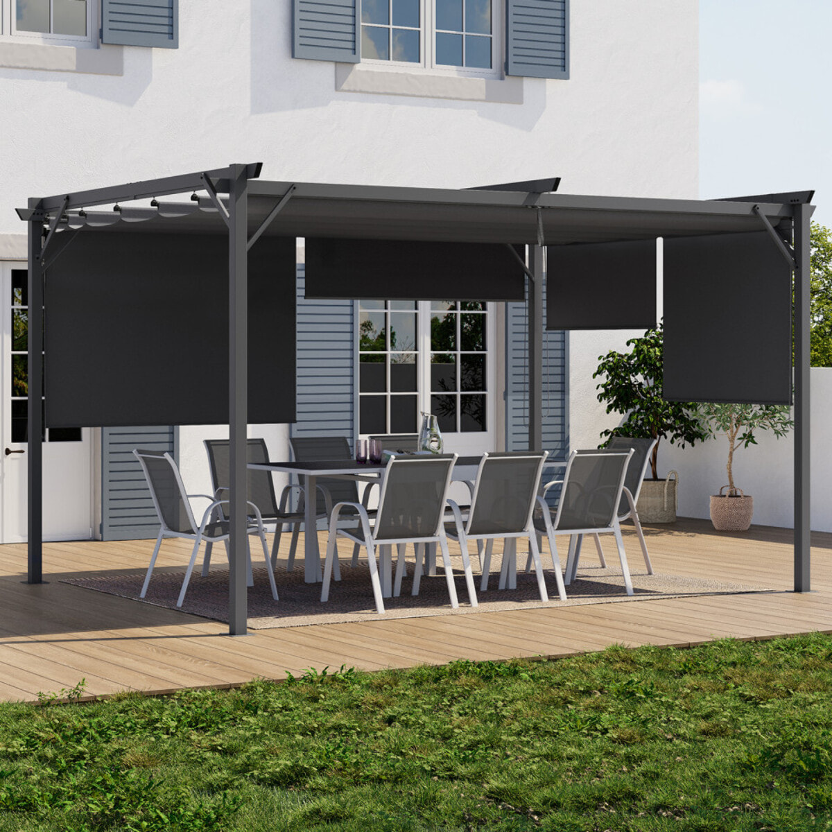 Pergola Marina en acier et toit rétractable gris 3x4m - Structure gris anthracite, toile et stores gris anthracite