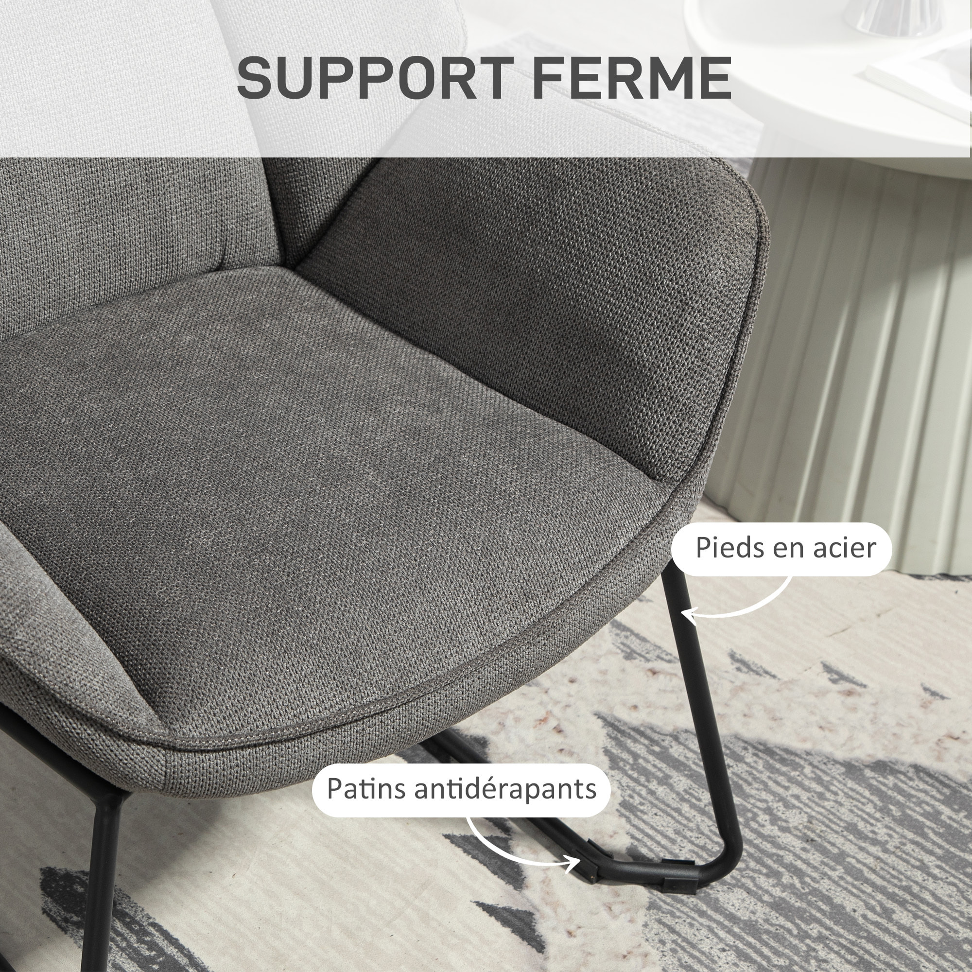 Fauteuil lounge design contemporain - dossier incliné, assise accoudoirs enveloppants - acier noir tissu gris