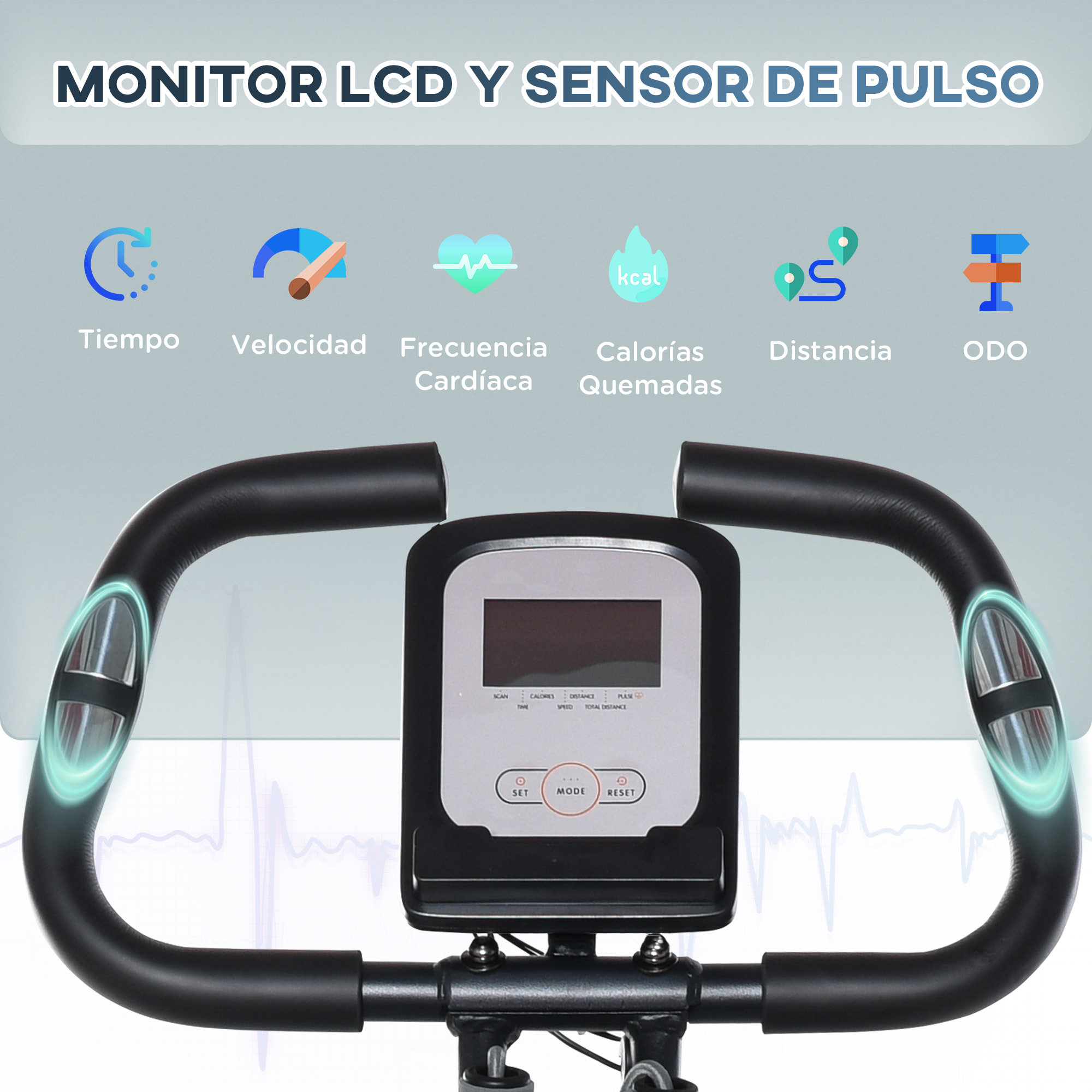 Bicicleta Estática Plegable Resistencia Magnética Ajustable de 8 Niveles con Sensor de Pulso Pantalla LCD Sillín Regulable Respaldo Bandas para Entrenamiento en Casa 107x53x107 cm Negro