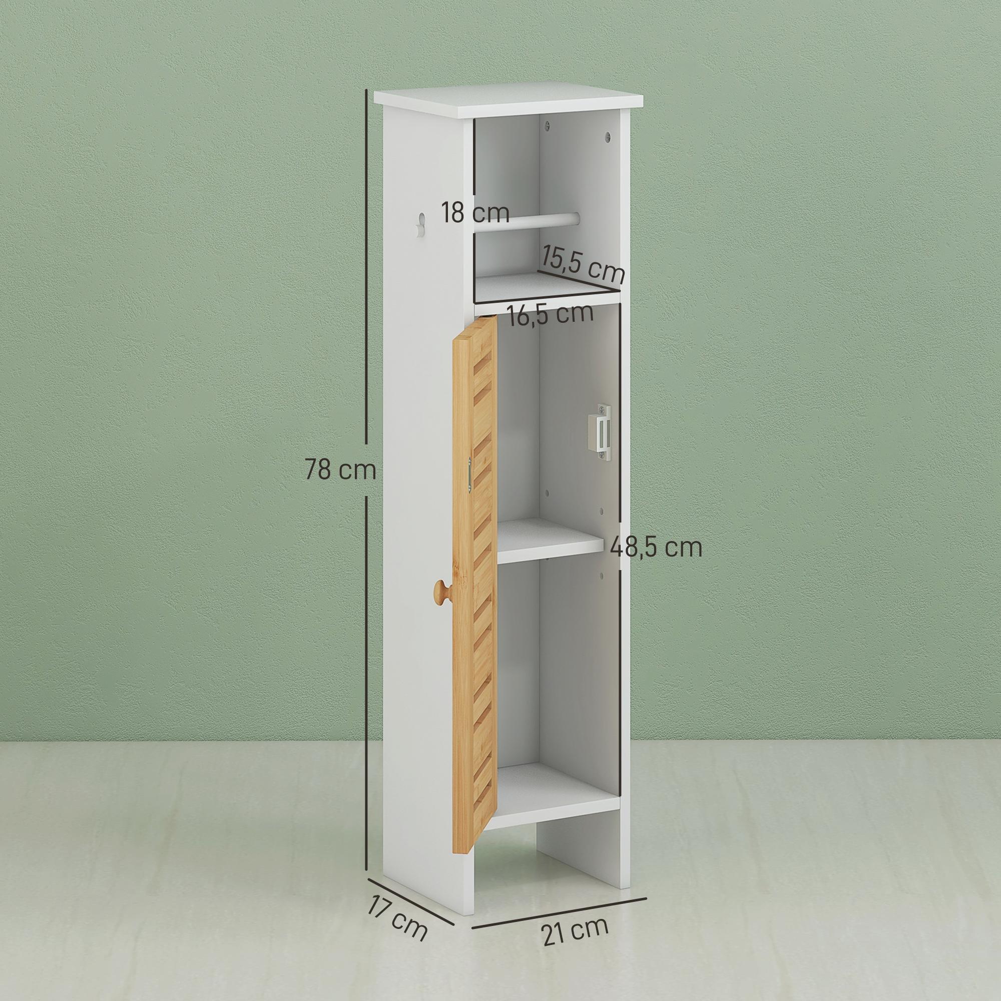 Columna de Baño Moderna Mueble Auxiliar de Baño con Portarrollos de Papel Estantes Ajustable y Puerta de Bambú Anti-vuelco 21x17x78 cm Blanco y Natural