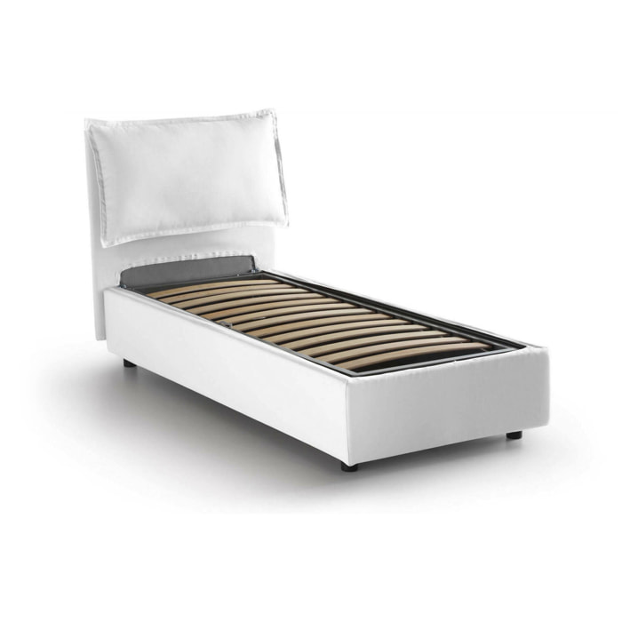 Letto singolo Evelyn, Letto contenitore con rivestimento in tessuto, 100% Made in Italy, Apertura frontale, adatto per materasso Cm 90x200, Bianco
