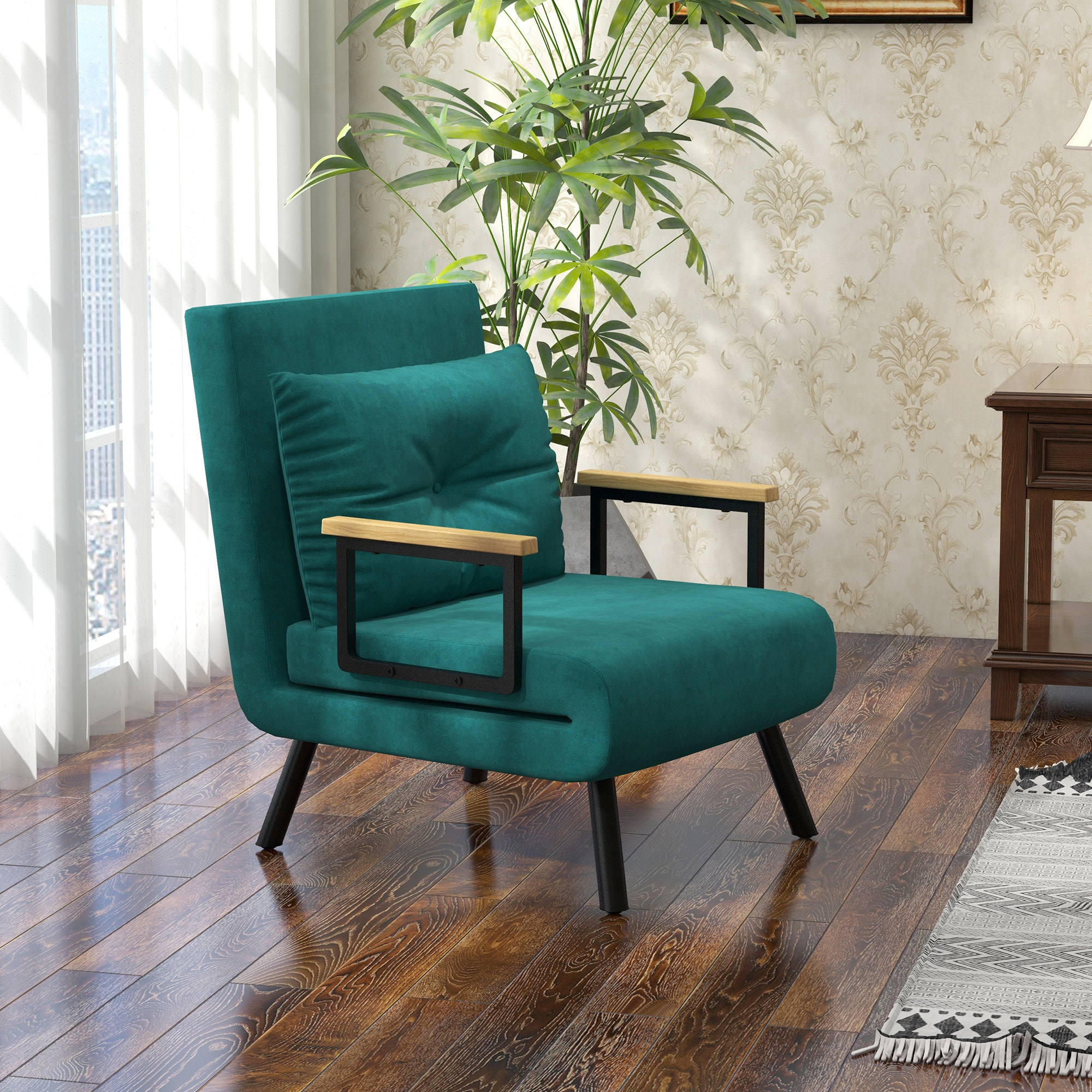 Sofá Cama de 1 Plaza 4 en 1, Sofá Cama Plegable Tapizado en Terciopelo con Respaldo Ajustable de 5 Niveles y Almohada Acolchada, para Oficina, Dormitorio, Salón, 63x73x81 cm, Verde