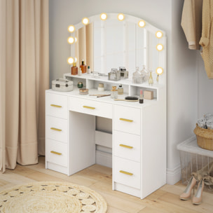 Tocador con 10 Luces LED de 3 Colores, Tocador de Maquillaje con Espejo, Mesa de Maquillaje con 7 Cajones, 3 Compartimentos, Moderno, para Dormitorio, Salón, Blanco