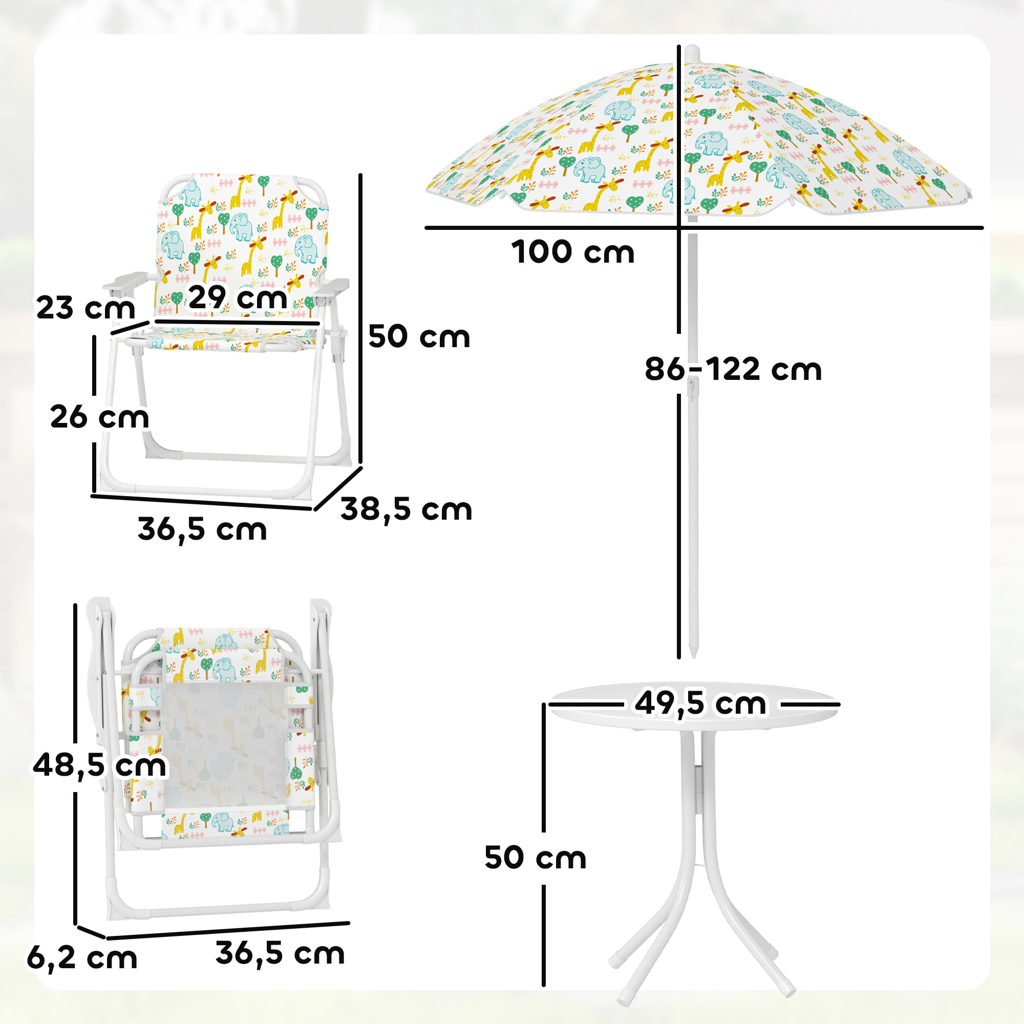 Conjunto de Mesa y Sillas Infantil de Jardín de 4 Piezas, Mesa Infantil con Sillas Plegables, Sombrilla Ajustable, Diseño de Elefantes y Jirafas, para Patio, Pícnic, Blanco