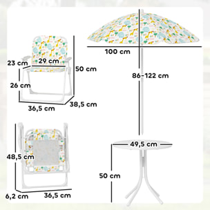 Conjunto de Mesa y Sillas Infantil de Jardín de 4 Piezas, Mesa Infantil con Sillas Plegables, Sombrilla Ajustable, Diseño de Elefantes y Jirafas, para Patio, Pícnic, Blanco