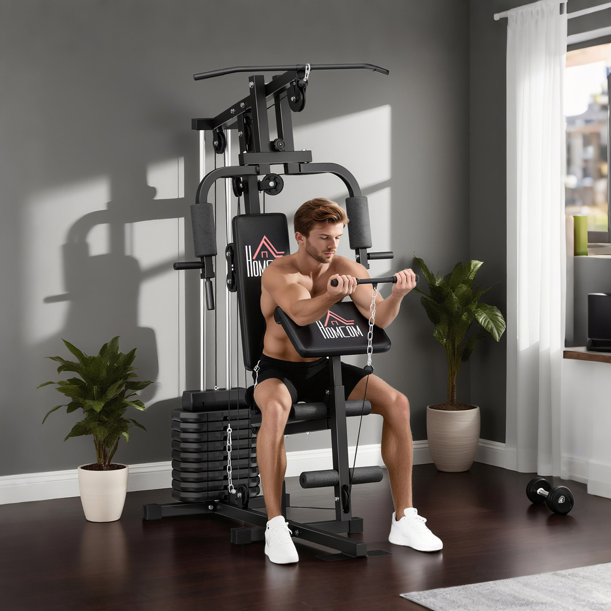 Multiestación Musculación, Máquina de Musculación con Prensa de Pecho, Placas de Peso de 45 kg, Curl de Piernas y Brazos, Polea Mariposa, Carga 100 kg, para Entrenamiento Casa Gimnasio, Negro