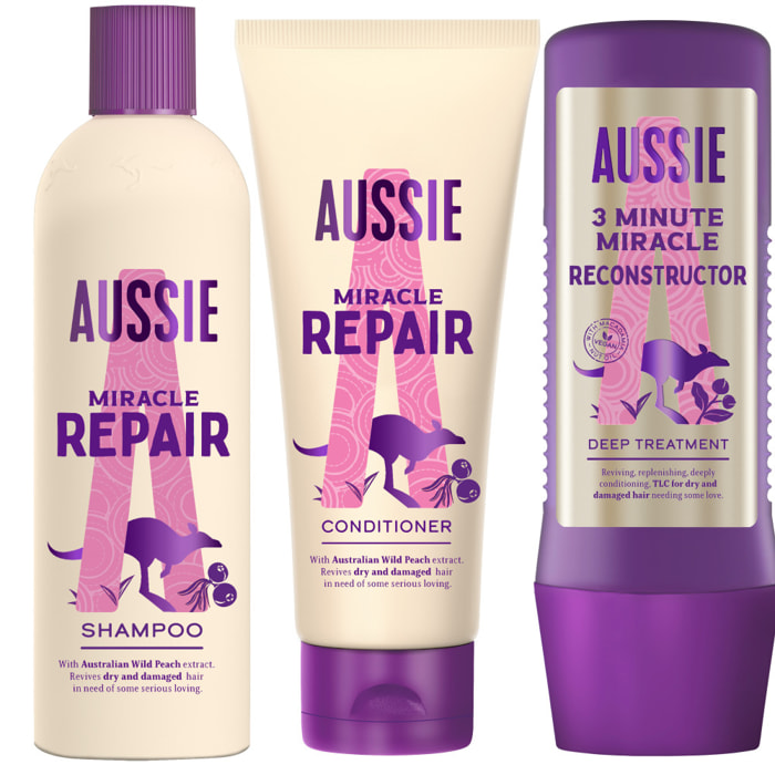 Aussie Miracle Repair Routine Avec Shampoing, Après-shampoing, Soin Intensif - Répare Les Cheveux Secs & Abîmés