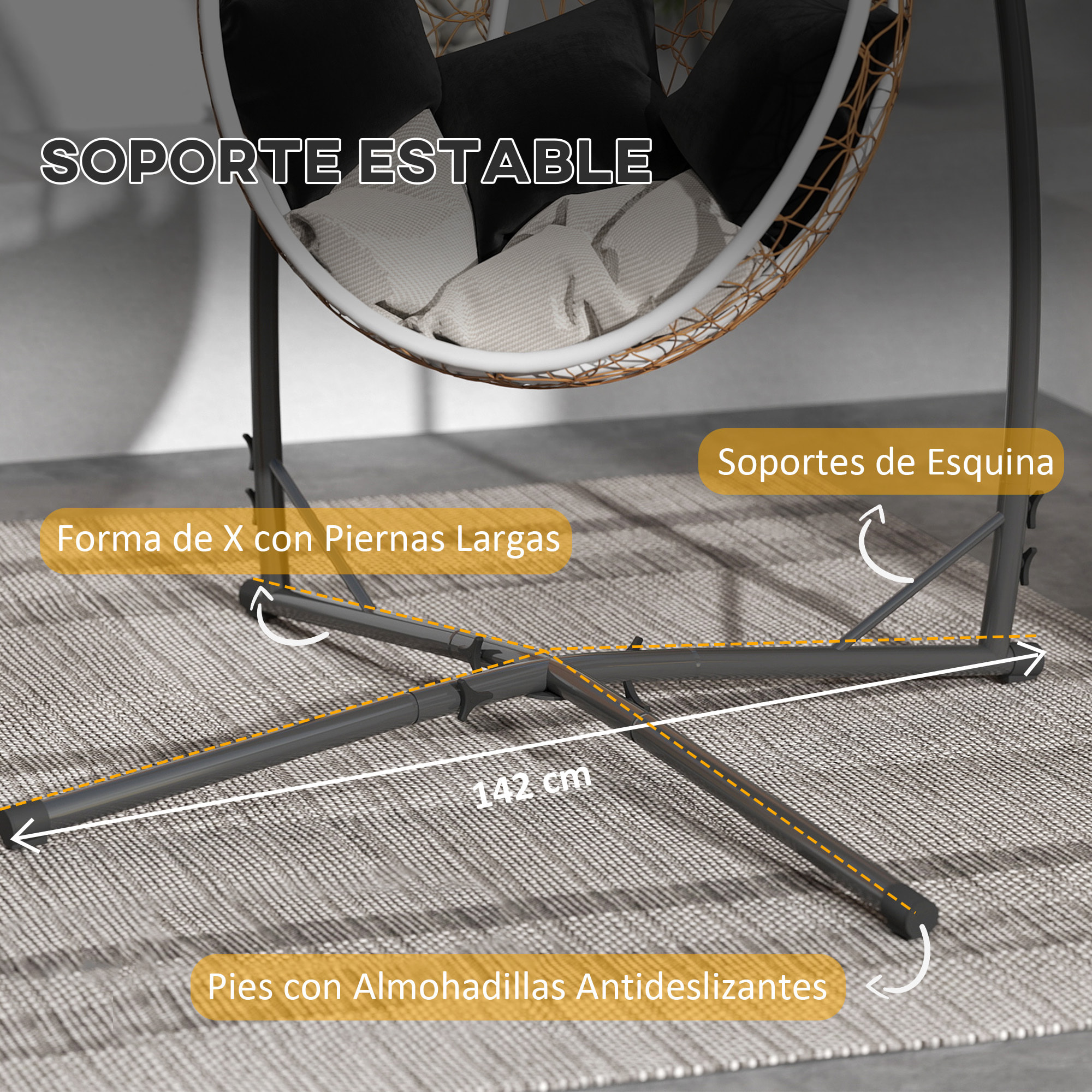 Soporte para Silla Colgante de Huevos Altura 215 cm con Estructura de Acero Base Estable y Portavaso Soporte para Silla Columpio para Patio Jardín Balcón Carga 150 kg Negro