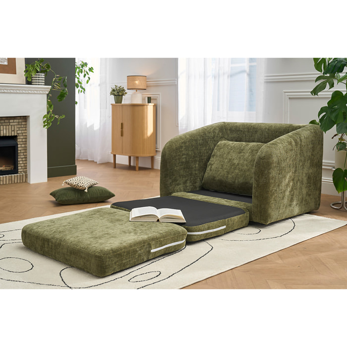Fauteuil convertible en tissu effet velours texturé vert kaki MAHAUT