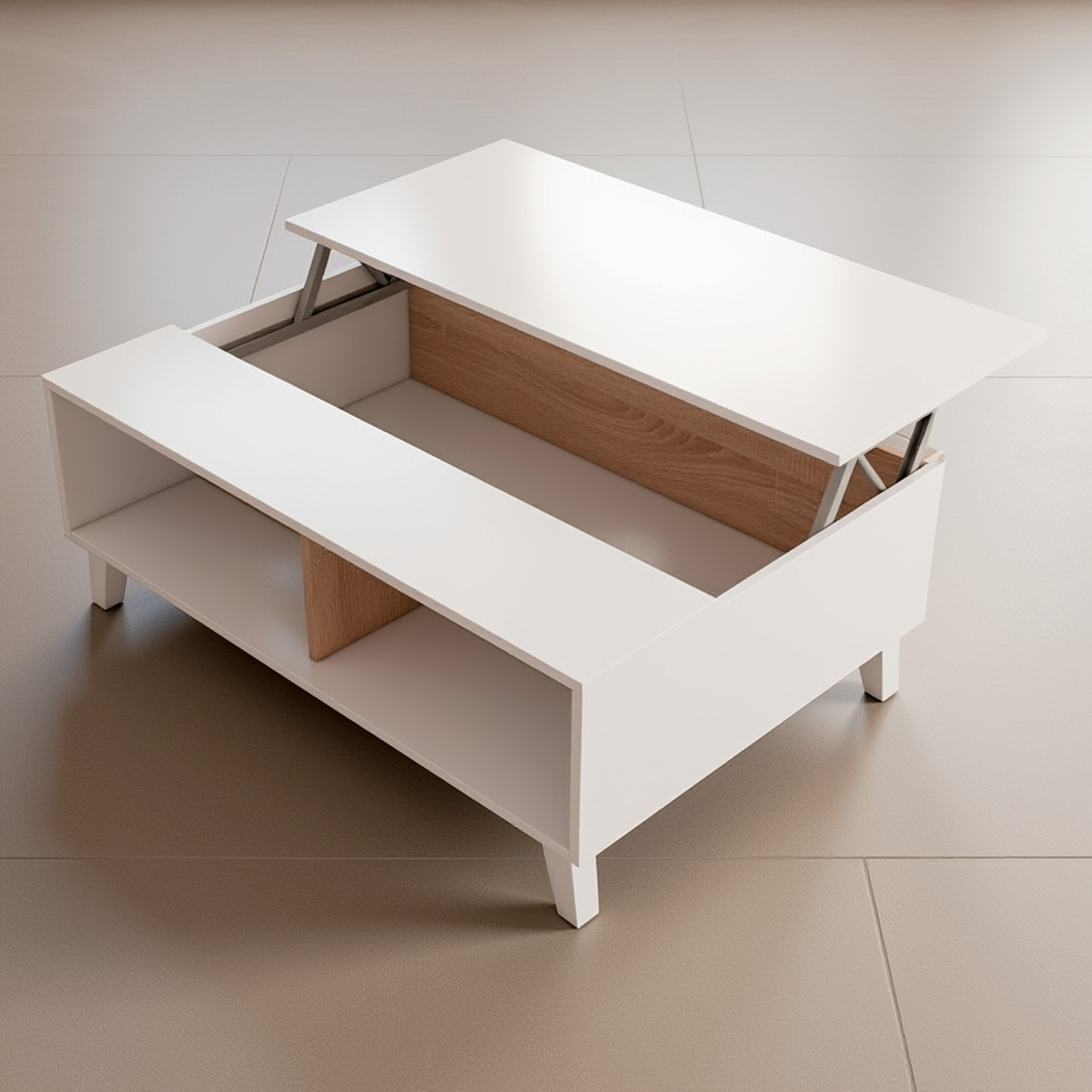 Tavolino Da Caffè Tavolo Basso Con Piano Sollevabile Da Salotto Soggiorno Moderno Con Ripiani Salvaspazio Design 100 x 68 x 38–50 Cm Bianco E Rovere
