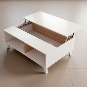 Tavolino Da Caffè Tavolo Basso Con Piano Sollevabile Da Salotto Soggiorno Moderno Con Ripiani Salvaspazio Design 100 x 68 x 38–50 Cm Bianco E Rovere