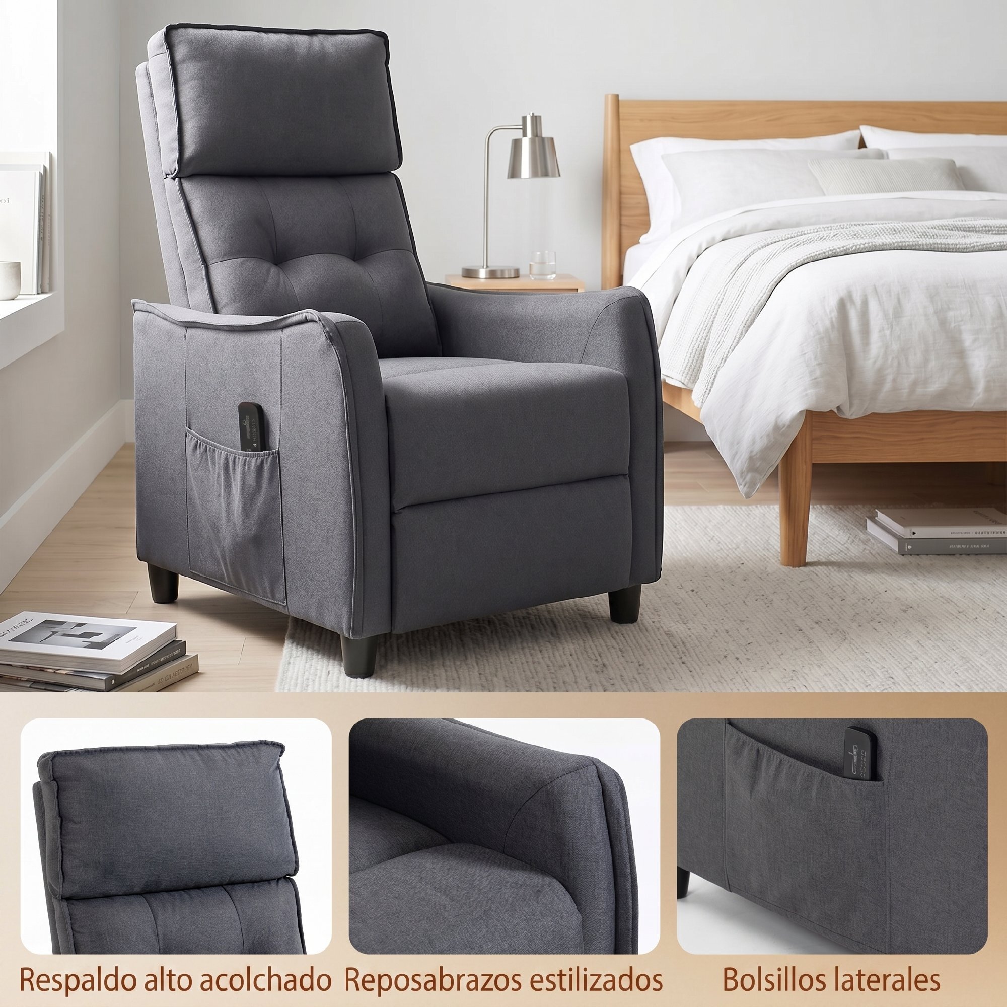 Sillón de Masaje, Sillón Relax Reclinable 160° con Mando a Distancia, Reposapiés, 2 Zonas de Masaje, Asiento de Muelles, Bolsillos, Tapizado en Lino Transpirable para Salón, 69x93x104 cm, Gris