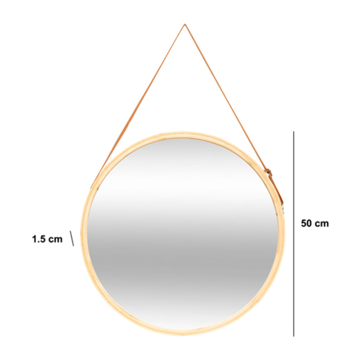 Miroir mural rond avec lanière en cuir D50cm