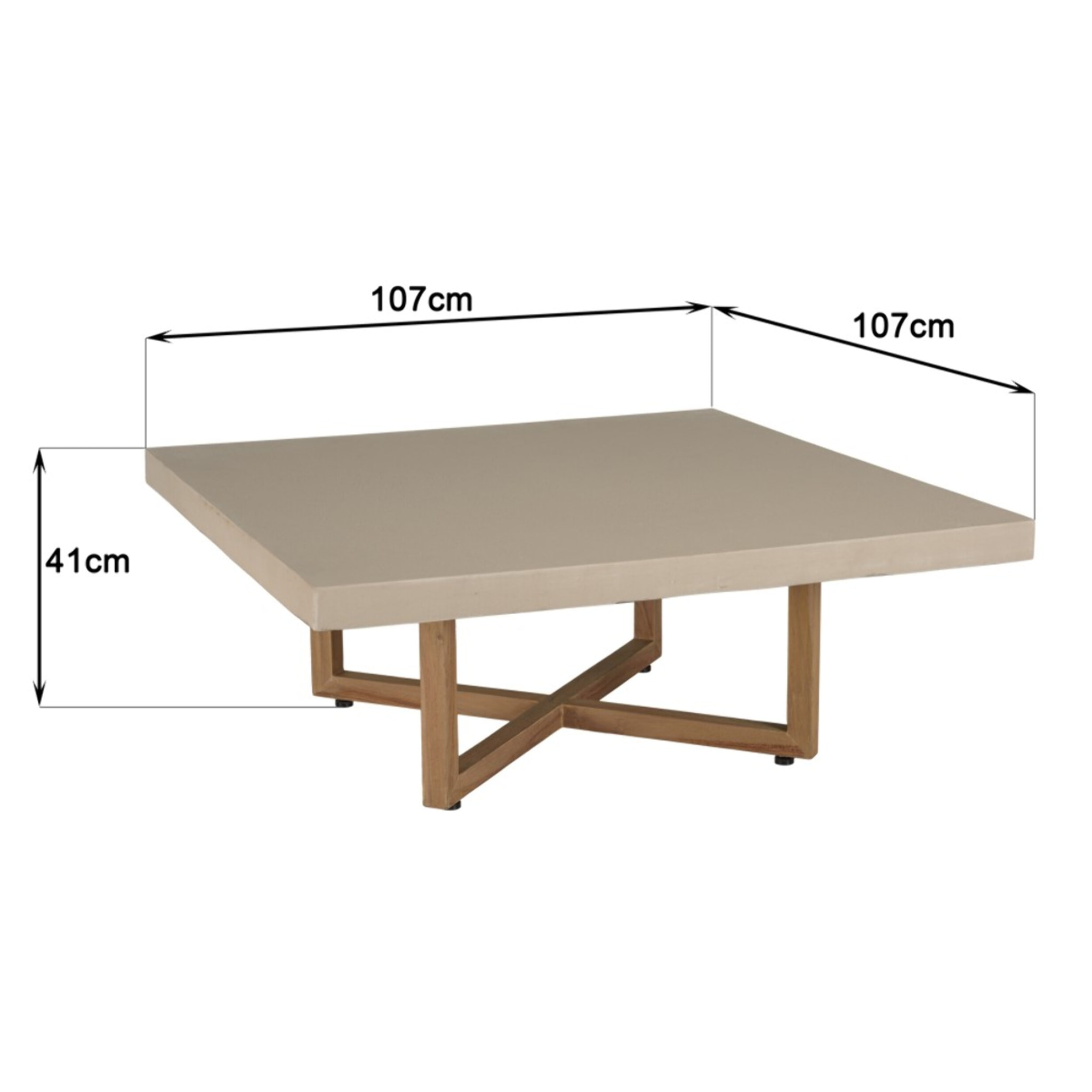 DAK - Table basse carrée 107x107cm en béton et bois de teck beige