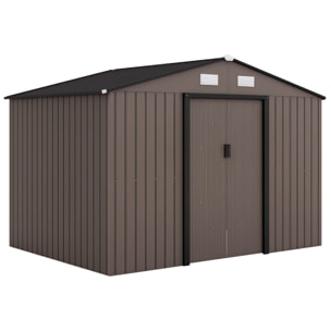 Caseta de Jardín Exterior 4,9 m² 277x195x192 cm Efecto Madera Cobertizo de Jardín Exterior con Puerta Corredera Techo Inclinado Base Refuerzo (Suelo NO Incluido) y 4 Ventanas Marrón
