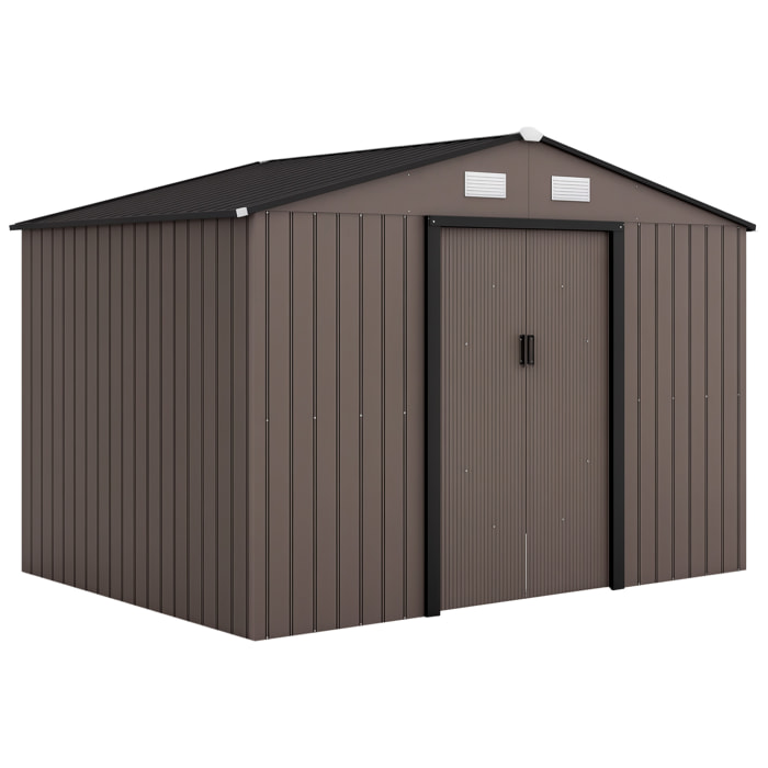 Caseta de Jardín Exterior 4,9 m² 277x195x192 cm Efecto Madera Cobertizo de Jardín Exterior con Puerta Corredera Techo Inclinado Base Refuerzo (Suelo NO Incluido) y 4 Ventanas Marrón