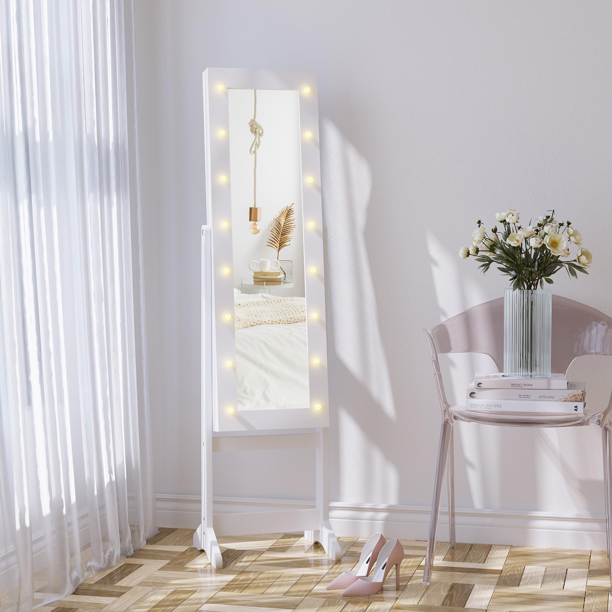 Joyero de Pie con Espejo Luz LED de Madera 36x30x136cm Blanco