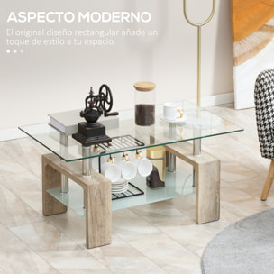 HOMCOM Mesa de Centro Rectangular Mesa Auxiliar de Salón con 2 Estantes de Vidrio Templado Marco de Acero Inoxidable y Patas de Madera Estilo Moderno 90x50x42 cm Natural