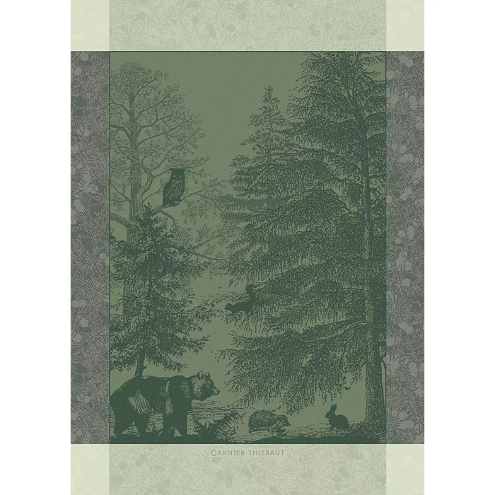Torchon pur coton motif jacquard vert Animaux de la foret sapin