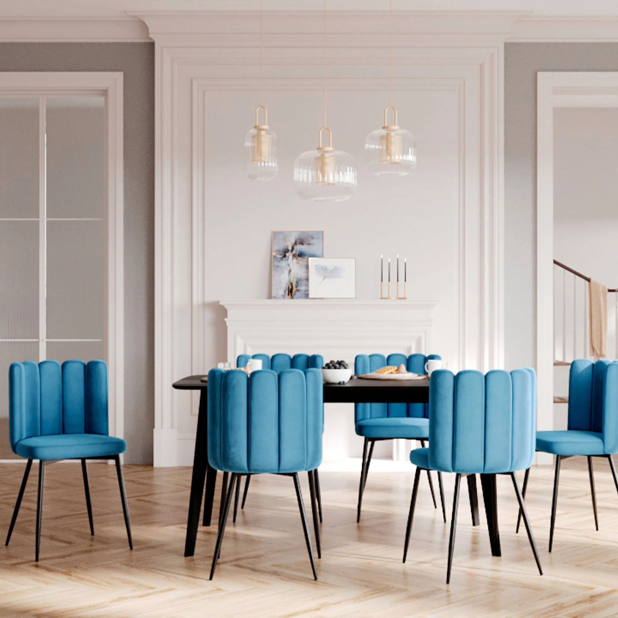 Lot de 2 chaises en velours bleu et pieds en métal noir - Rosy