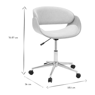Chaise de bureau à roulettes design en tissu effet velours texturé beige, bois clair et acier chromé BENT