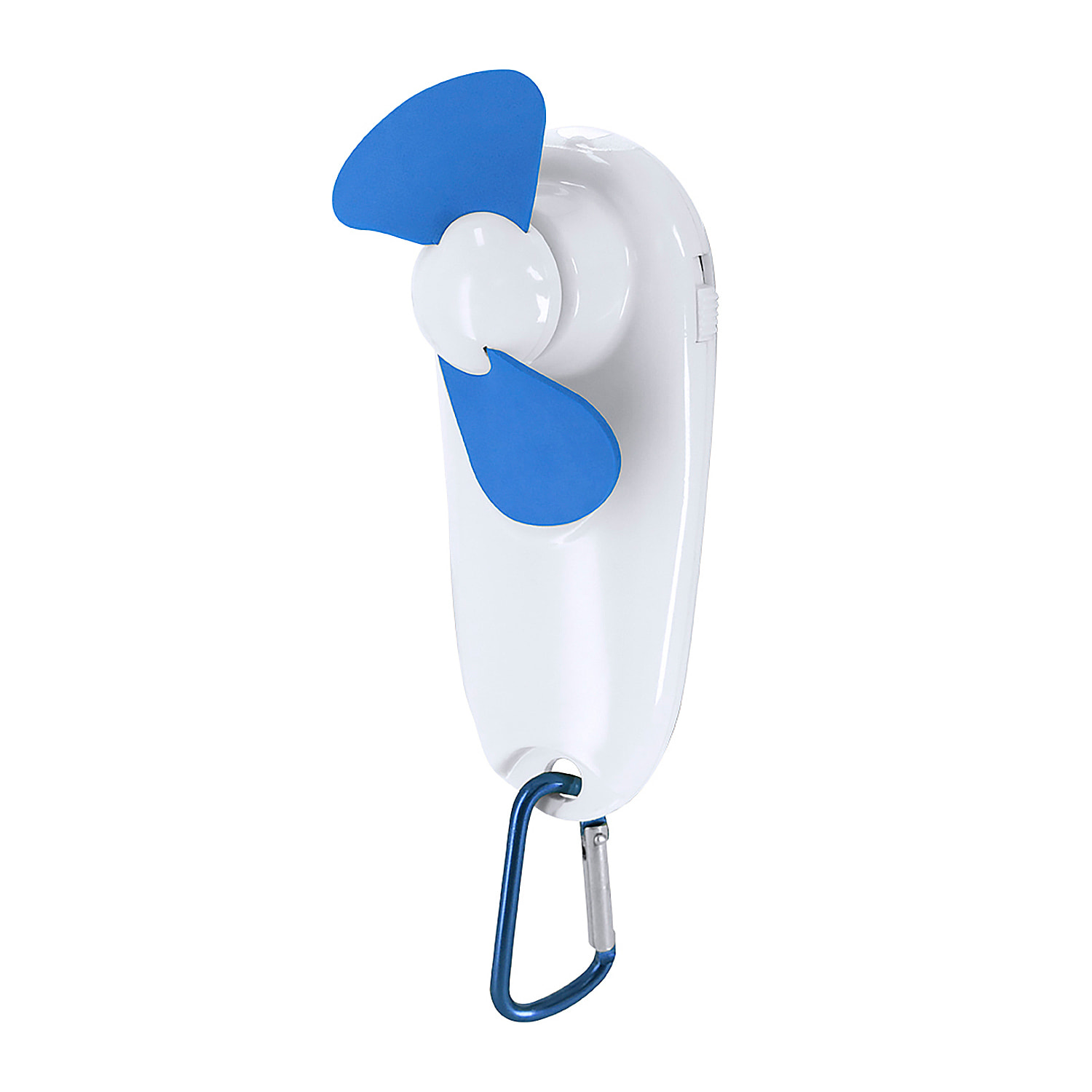 Ventilador portátil con linterna LED integrada y mosquetón para transporte.