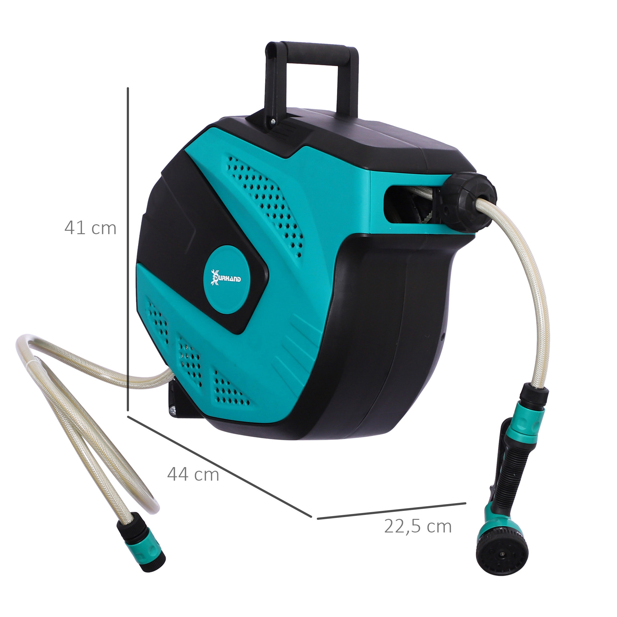 Dévidoir mural enrouleur automatique pivotant 180° tuyau 15 + 1,5 m avec lance arrosage support mural intégré turquoise noir